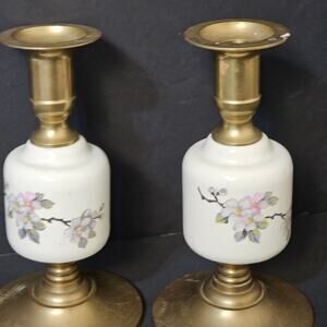 Vintage Brass &Porcelain Floral Cadlesticks Pair | White Ceramic | Cottagecore